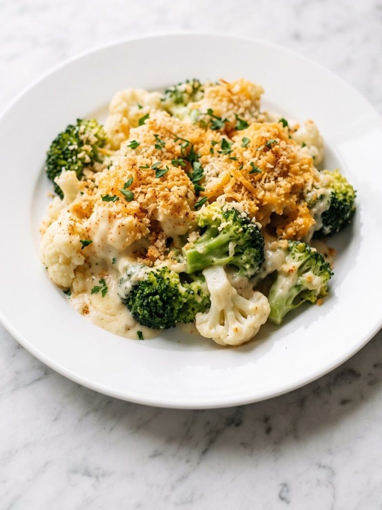 A serving of broccoli and cauliflower in a creamy cheese sauce with a golden breadcrumb top