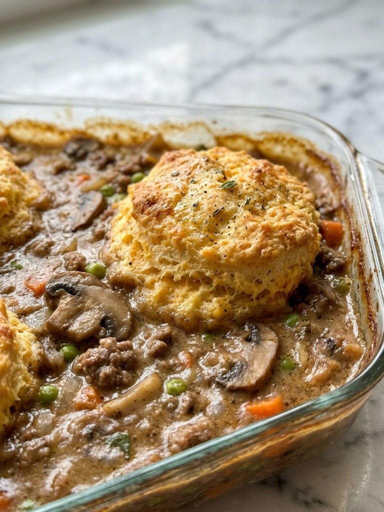 Close side view of seasoned cheddar biscuits over creamy ground-beef and vegetable filling