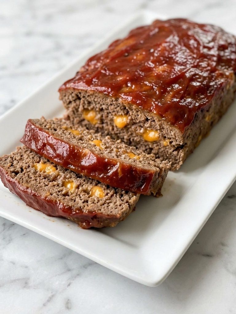 A glazed cheeseburger meatloaf on a baking sheet with the end cut into slices
