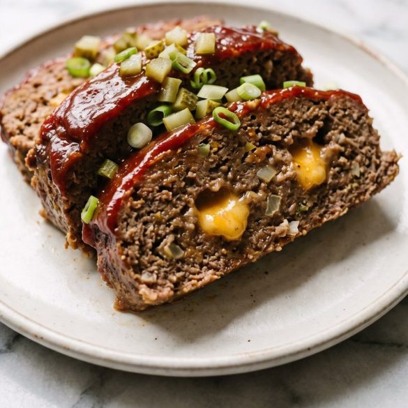 Two slices of cheeseburger meatloaf with melted cheddar pockets and a glossy ketchup glaze on a plate