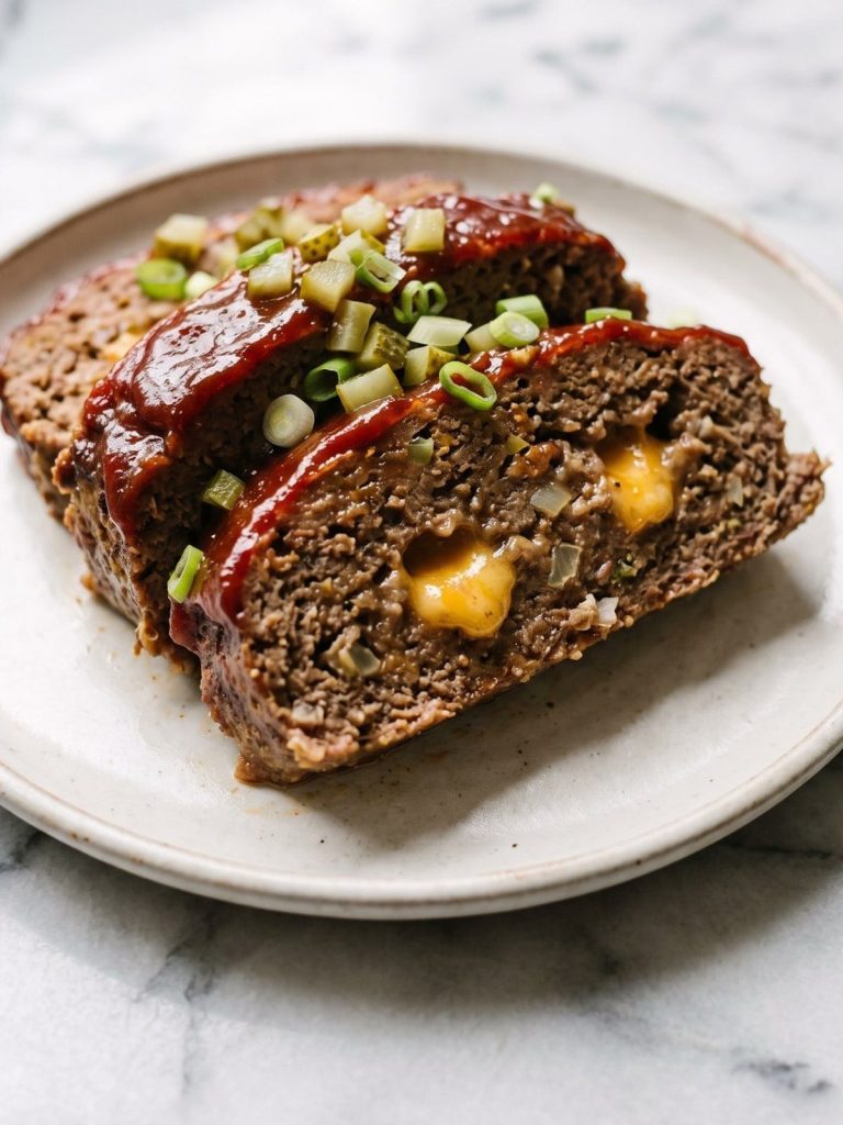 Two slices of cheeseburger meatloaf with melted cheddar pockets and a glossy ketchup glaze on a plate