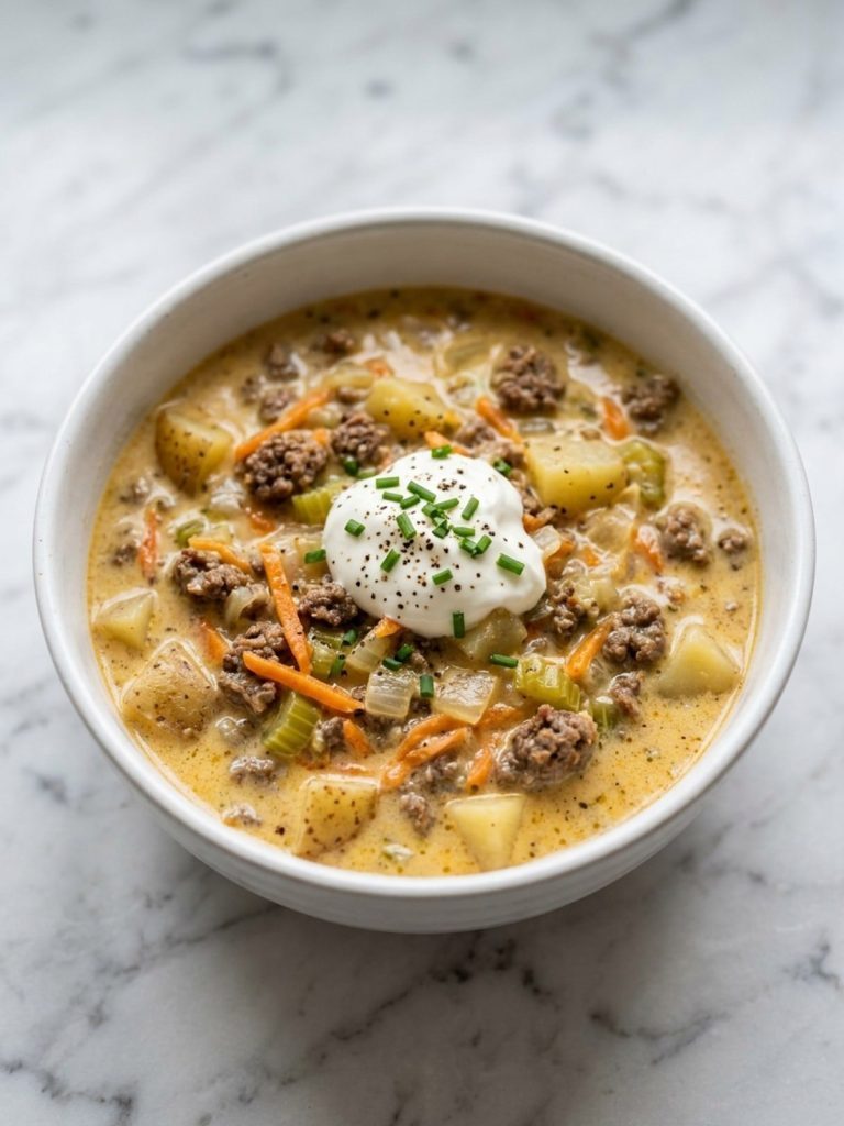 A white bowl of cheeseburger soup with beef and potatoes in a creamy cheese broth