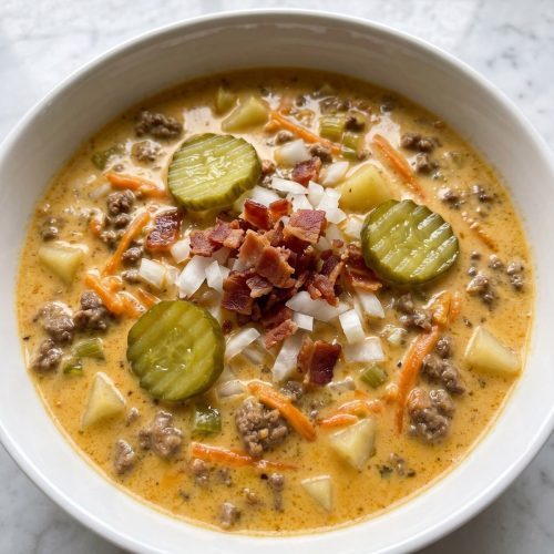 A bowl of thick, creamy cheeseburger soup with ground beef, potatoes and carrots