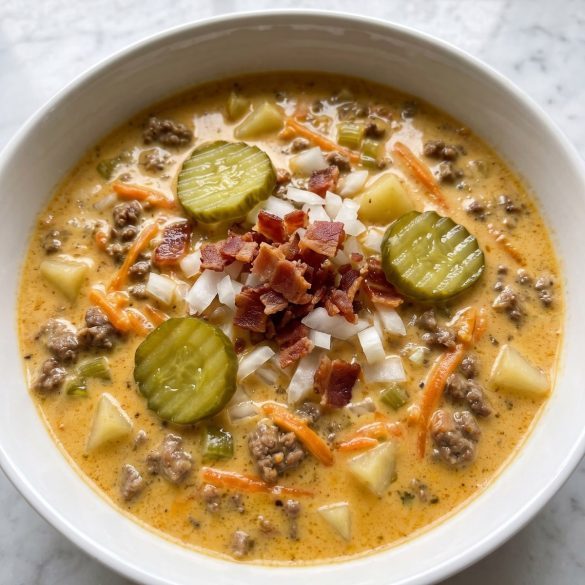 A bowl of thick, creamy cheeseburger soup with ground beef, potatoes and carrots