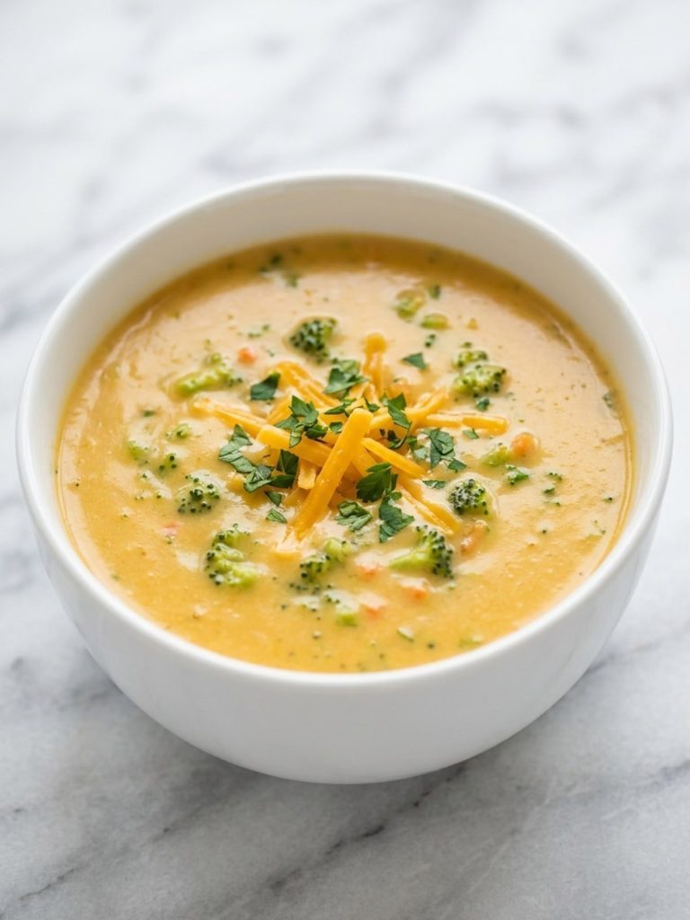 A bowl of creamy Velveeta broccoli cheese soup topped with shredded cheddar and parsley