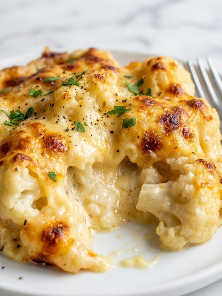 Close view of a serving of cauliflower florets coated in creamy cheddar sauce with golden browned edges