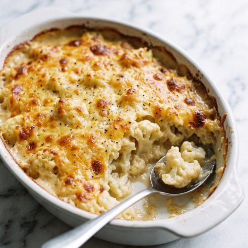 Cheesy cauliflower casserole with a bubbling golden cheddar top, one scoop lifted out to show creamy florets