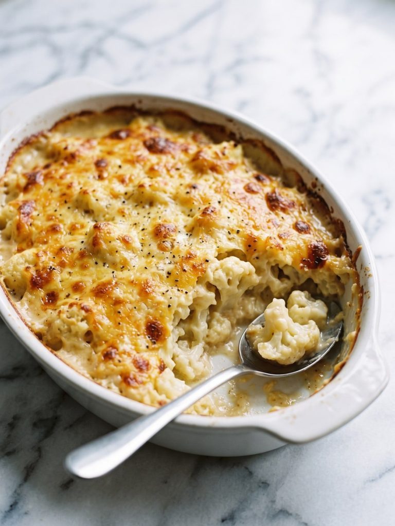 Cheesy cauliflower casserole with a bubbling golden cheddar top, one scoop lifted out to show creamy florets