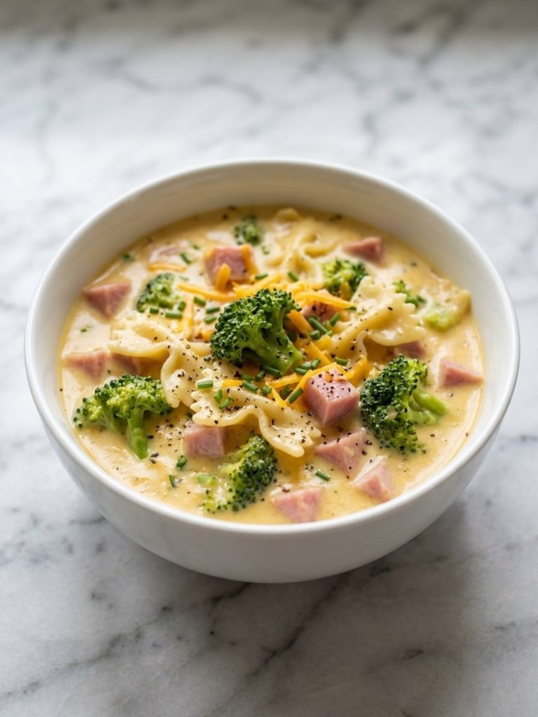 A bowl of cheesy ham and broccoli soup with bowtie pasta and shredded Cheddar