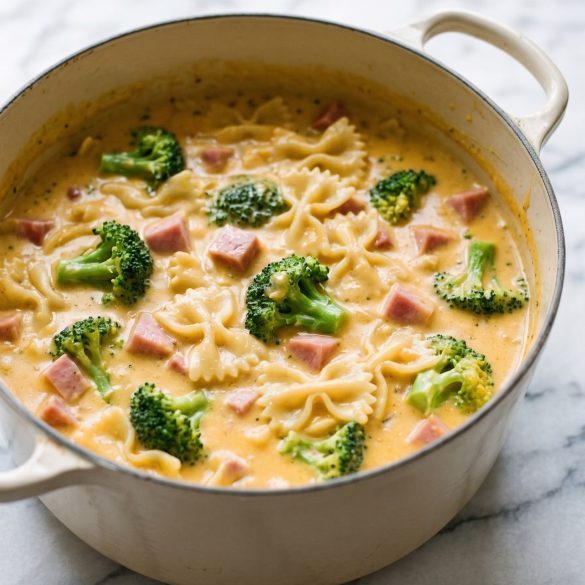 A pot of creamy cheesy ham and broccoli soup with bowtie pasta