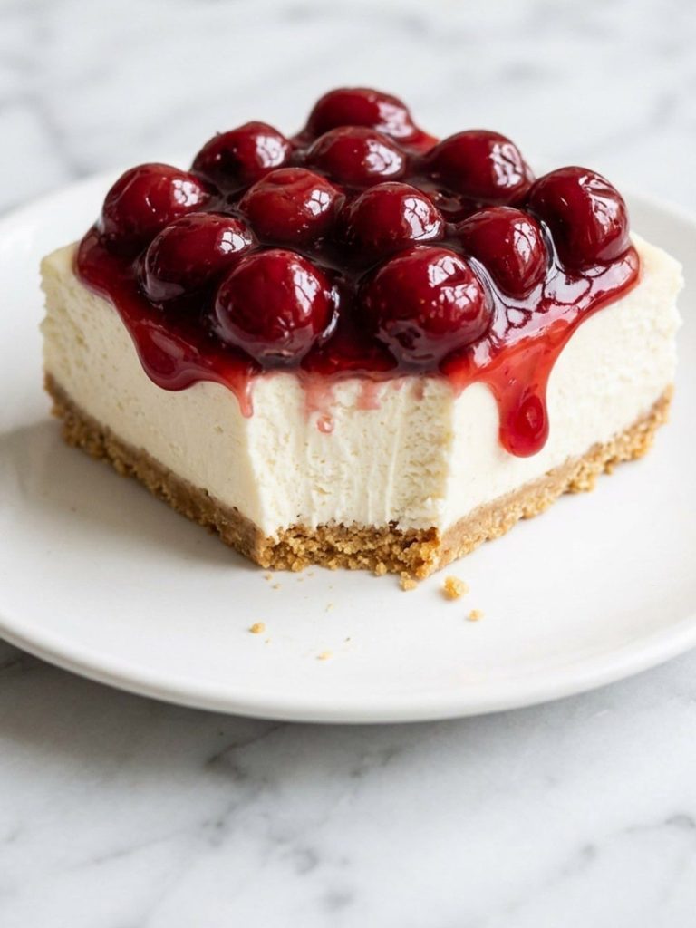Close-up of glossy cherry pie filling on a creamy no-bake cheesecake square