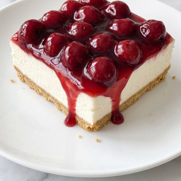 A square of no-bake cheesecake with a graham crust and glossy cherry pie filling on a plate