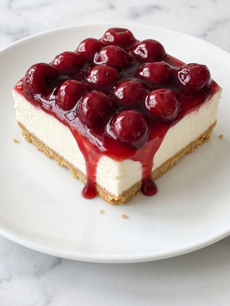 A square of no-bake cheesecake with a graham crust and glossy cherry pie filling on a plate