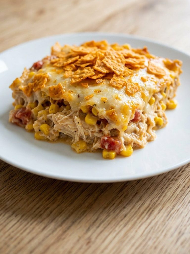 A serving of creamy chicken casserole with corn and melted cheese under crushed nacho chips