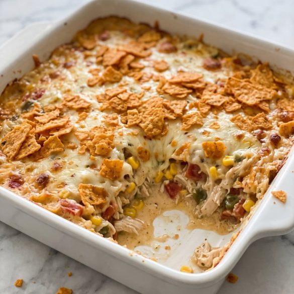A square pan of chicken casserole topped with melted pepper jack and crushed nacho cheese tortilla chips