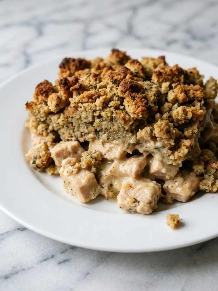 Served portion of chicken and dressing casserole showing browned stuffing over moist dressing and creamy chicken
