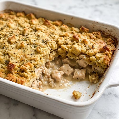 Chicken and dressing casserole scooped open to show chicken, creamy sauce and browned stuffing