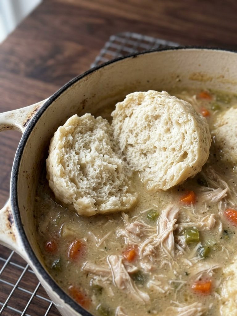 Close view of a fluffy biscuit dumpling cut open above creamy chicken broth.