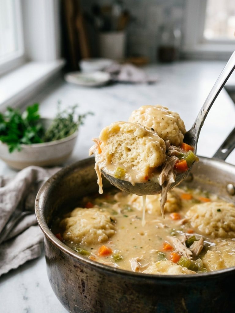Close side view of a ladle lifting fluffy biscuit dumplings and shredded chicken out of the creamy broth