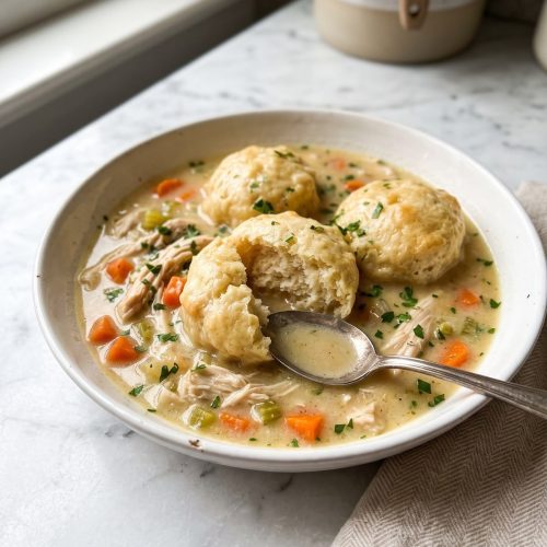 Bowl of chicken and dumplings with biscuits, one dumpling cut open to show the fluffy inside, creamy broth with shredded chicken, carrots and celery