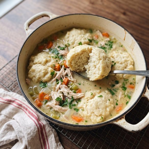 Creamy chicken and dumplings in a Dutch oven, with a cut dumpling showing its fluffy center.