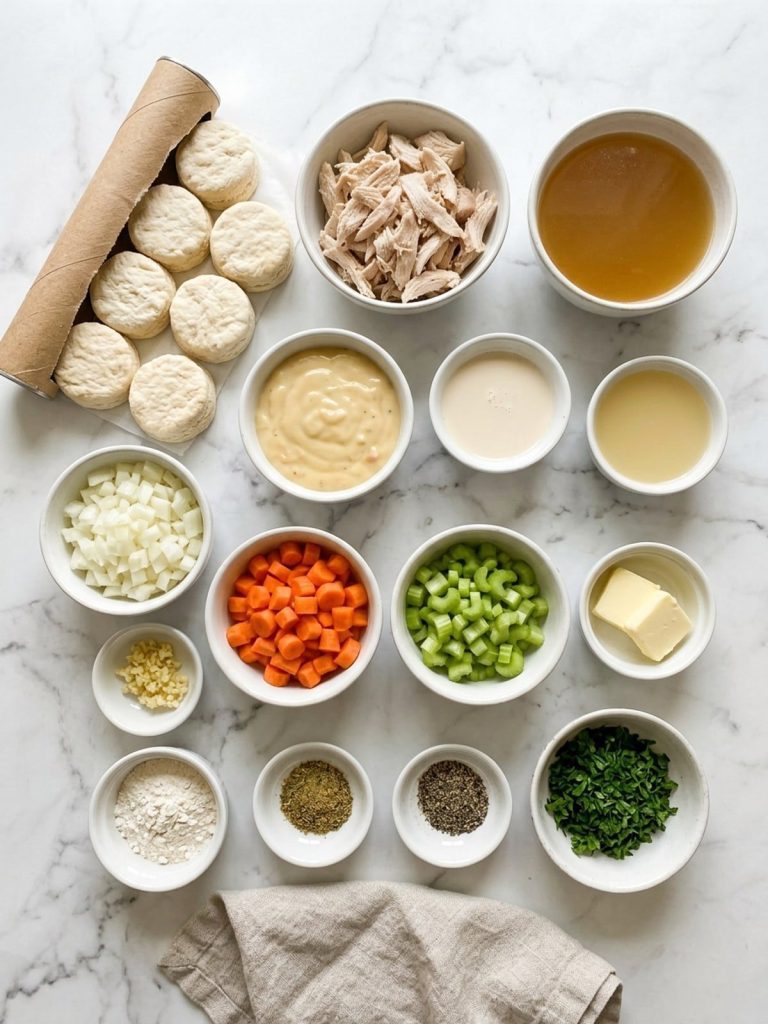 Overhead flat lay of ingredients for chicken and dumplings with biscuits: canned biscuit dough, shredded rotisserie chicken, chicken broth, cream of chicken soup, evaporated milk, onion, carrots, celery, garlic, butter, flour, poultry seasoning, pepper and parsley in small bowls on marble