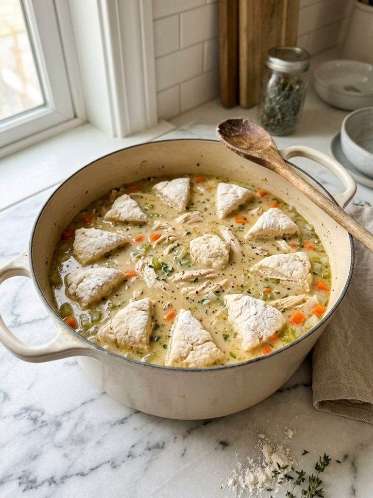 Flour-dusted biscuit dough pieces just dropped in a single layer onto simmering creamy chicken broth in a Dutch oven, lid off