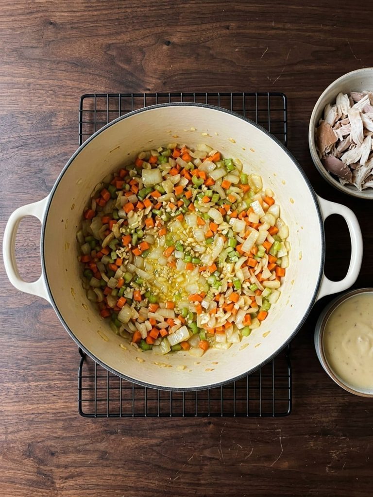 Step 1: Soft diced onion, carrots, celery, and garlic in melted butter in a Dutch oven.