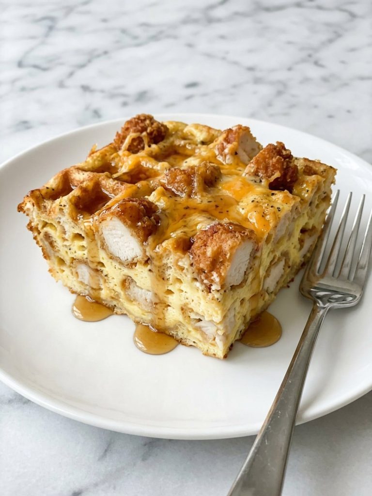 Close view of one square of chicken and waffle casserole on a white plate with maple syrup running down the side