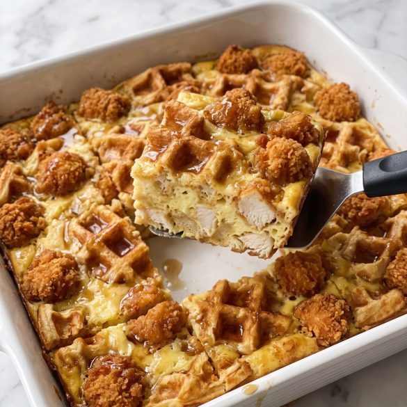 A baking dish of chicken and waffle casserole with golden popcorn chicken, one square lifted out on a spatula