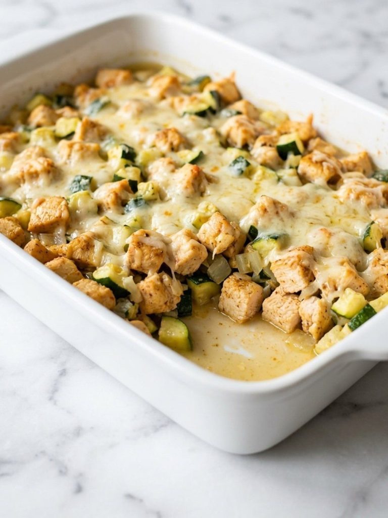 A 9x13 dish of chicken and zucchini bake with golden cheese and a portion served out