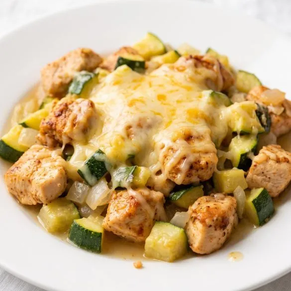 A serving of cheesy chicken and zucchini bake with golden melted cheese on a plate