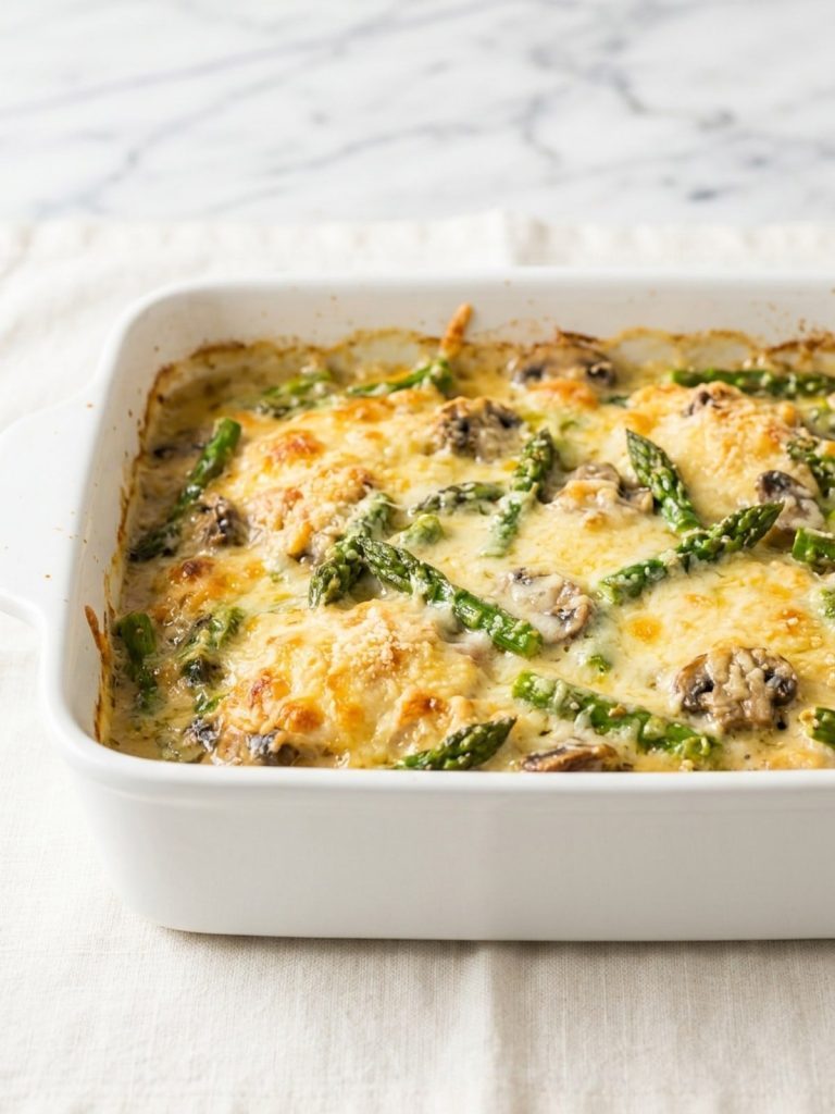 Bubbly chicken and asparagus casserole with melted cheese in a baking dish