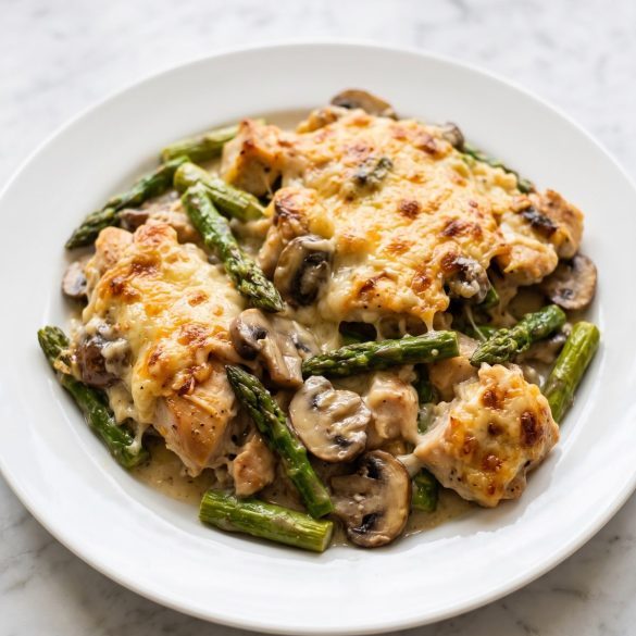 A serving of chicken asparagus casserole with mushrooms and melted cheese on a plate