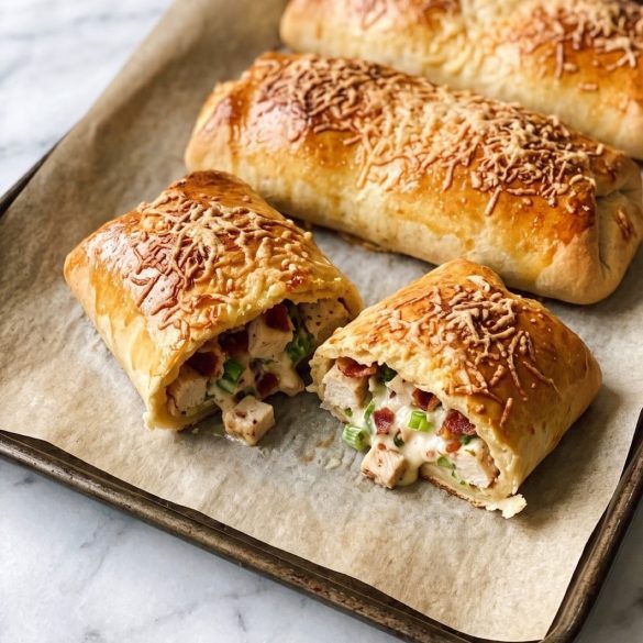 Golden homemade chicken bakes on a parchment-lined baking sheet, one cut open to show the filling
