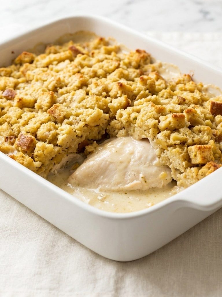 A 9x13 dish of chicken breasts under golden stuffing, one portion served out