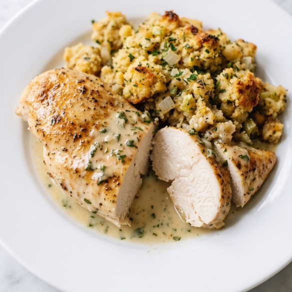 A baked chicken breast in creamy sauce with golden stuffing on a plate