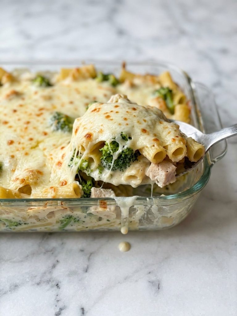 Close side view of creamy Alfredo-coated pasta, chicken and broccoli under melted mozzarella