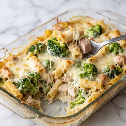 Scoop of chicken broccoli Alfredo pasta bake showing pasta, broccoli and chicken beneath melted mozzarella