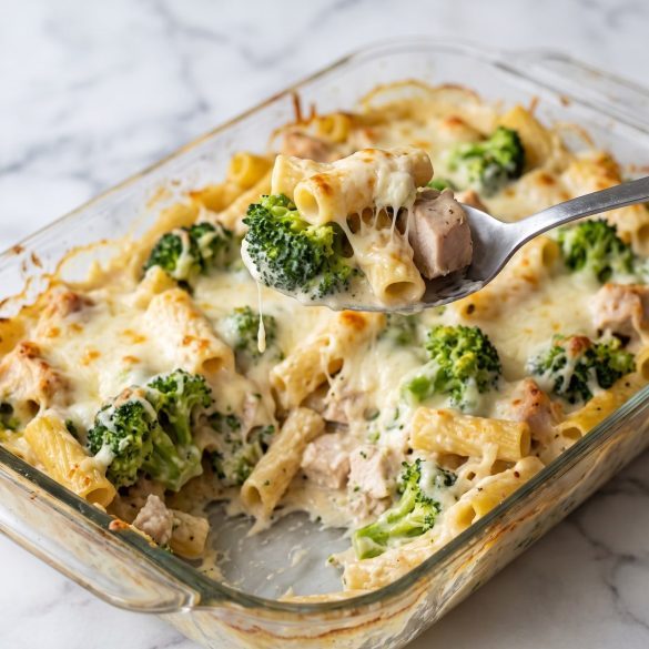 Scoop of chicken broccoli Alfredo pasta bake showing pasta, broccoli and chicken beneath melted mozzarella