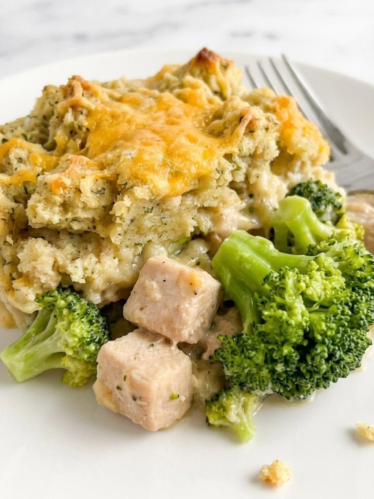 A serving of chicken broccoli stuffing casserole on a plate showing the creamy filling and crisp stuffing top