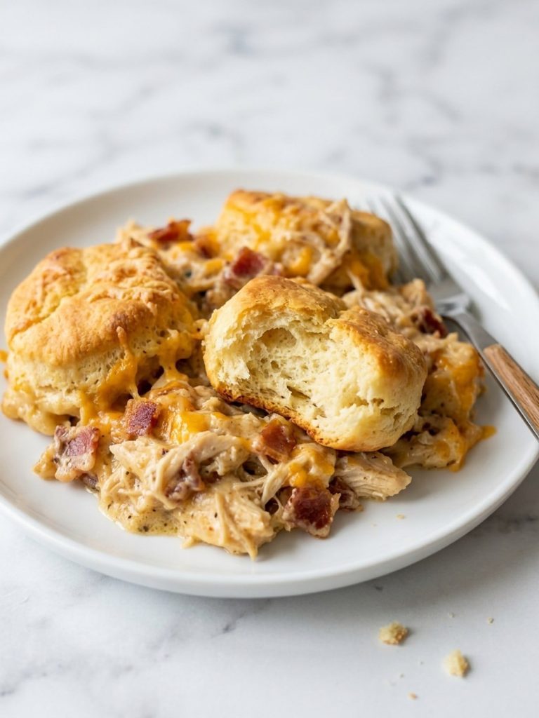 Close view of a serving of chicken bubble biscuit bake on a white plate showing biscuit pieces in creamy chicken sauce