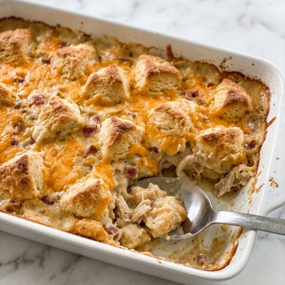 Chicken bubble biscuit bake in a 9x13 dish with golden biscuit pieces and melted cheddar, a serving scooped out