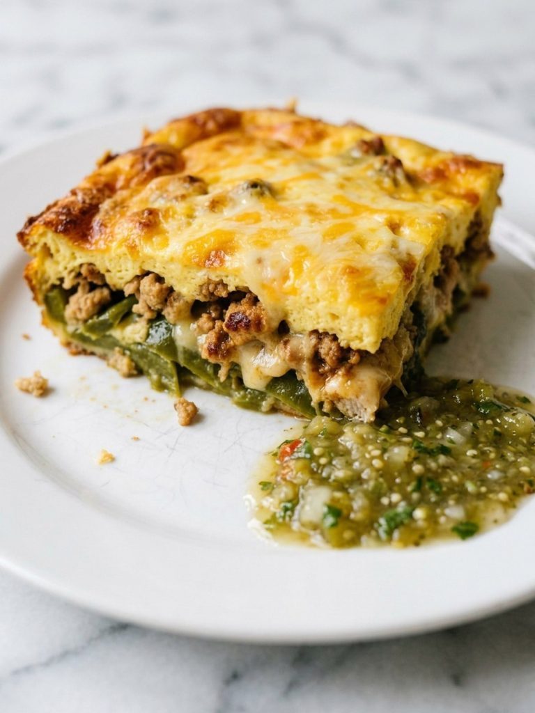 Close view of a square of chicken chile relleno casserole showing poblano, chicken and cheese layers