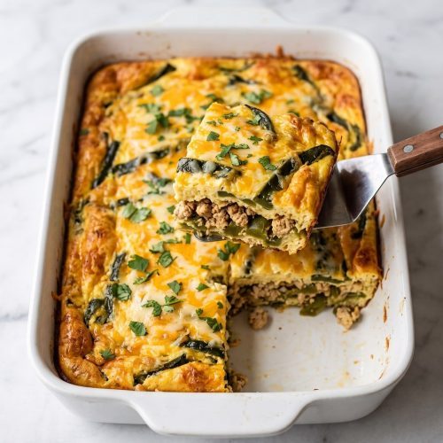 A 9x13 dish of chicken chile relleno casserole, golden and puffed, with one square lifted out showing roasted poblano layers