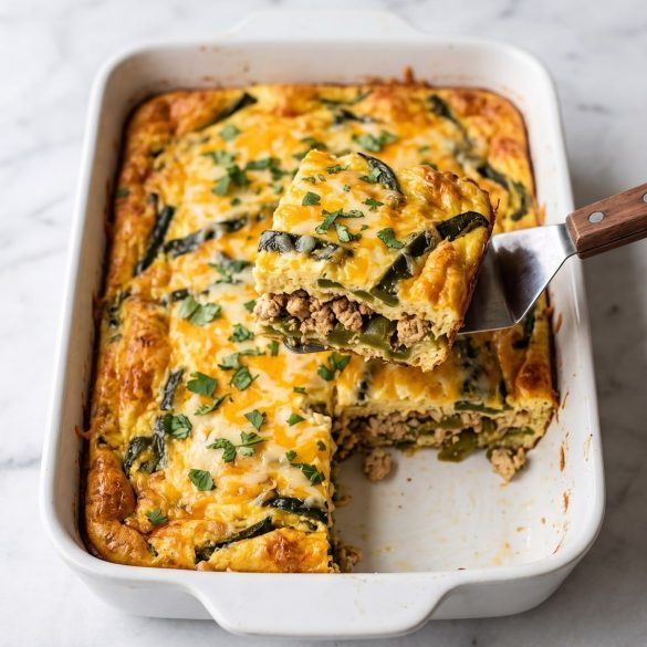 A 9x13 dish of chicken chile relleno casserole, golden and puffed, with one square lifted out showing roasted poblano layers