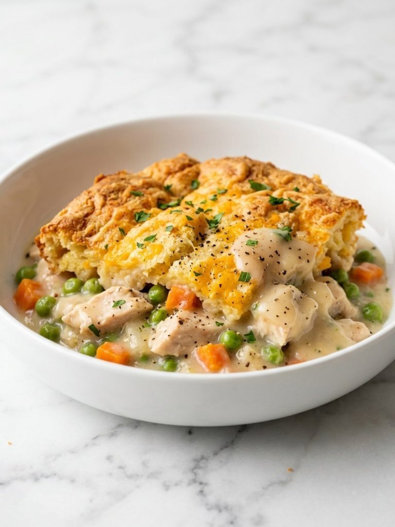 A serving of chicken cobbler with cheddar biscuit crust and creamy chicken, peas and carrots