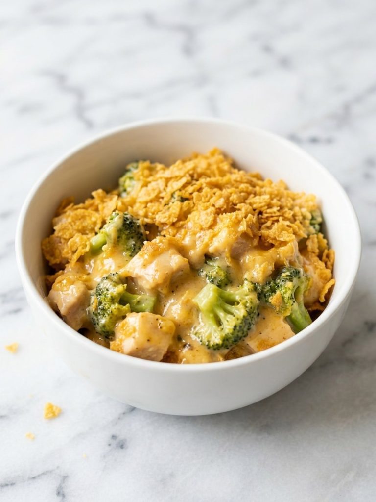 A bowl of chicken divan with broccoli and a golden cornflake topping