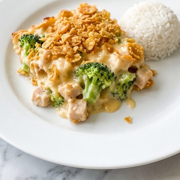 A serving of chicken divan with broccoli and a golden crumb topping on a plate