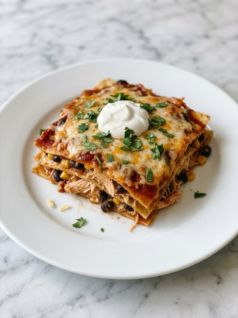A plate with a square of layered chicken enchilada casserole and sour cream